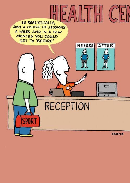 Funny fitness birthday greeting card for him featuring a cartoon gym joke, illustrating before and after workout humor.
