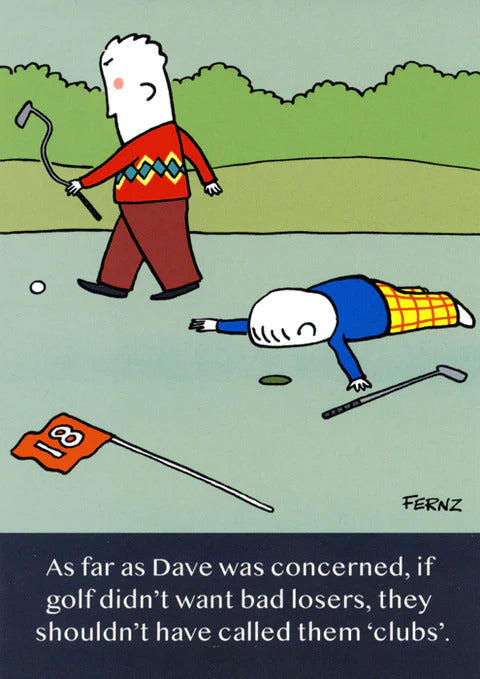 Funny golf birthday greeting card for him with cartoon humor and a bad loser joke, featuring playful golf-themed illustrations.