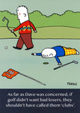Funny golf birthday greeting card for him with cartoon humor and a bad loser joke, featuring playful golf-themed illustrations.