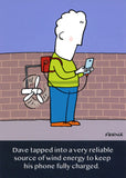 Funny tech birthday greeting card for him featuring a wind energy charging cartoon joke, by GBCC.