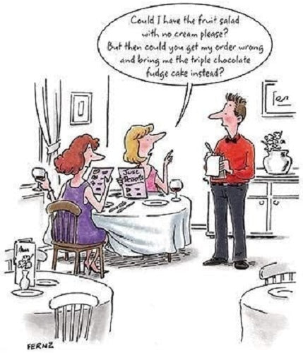 Humour birthday greeting card by GBCC featuring women in a restaurant, with playful text about getting an order wrong.