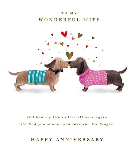 Cute Dachshund dogs anniversary greeting card for wife by GBCC, featuring romantic hearts and adorable dog illustrations.
