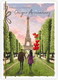 Romantic Paris scene with Eiffel Tower on artistic French anniversary greeting card by GBCC, ideal for romantic occasions.