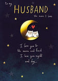 Romantic birthday greeting card from GBCC featuring owls on the moon, celebrating the man you love for his special day.