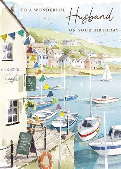 GBCC romantic birthday greeting card for husband featuring boats and café at the harbor with foil finish.