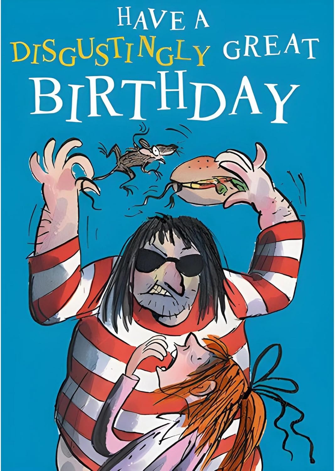 Kids birthday greeting card featuring David Walliams Ratburger design, UK-made boys greeting card by GBCC.
