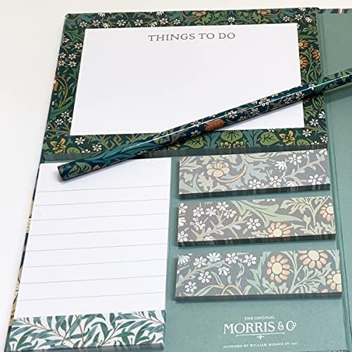 GBCC William Morris floral stationery set with sticky notes, notepad, and pencil in a decorative folder for desk organization.