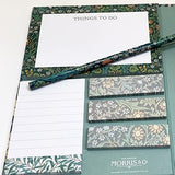 GBCC William Morris floral stationery set with sticky notes, notepad, and pencil in a decorative folder for desk organization.