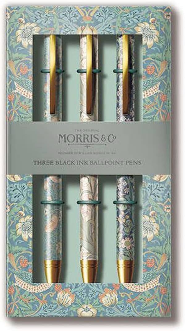 William Morris 3 pen set by GBCC featuring decorative stationery pens with floral designs on a white background.