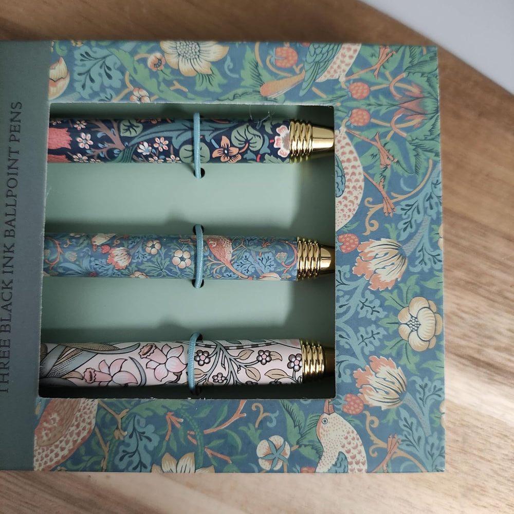 William Morris 3 Pen Set by GBCC, elegant stationery with decorative pens in a matching case, ideal for writing and gifting.