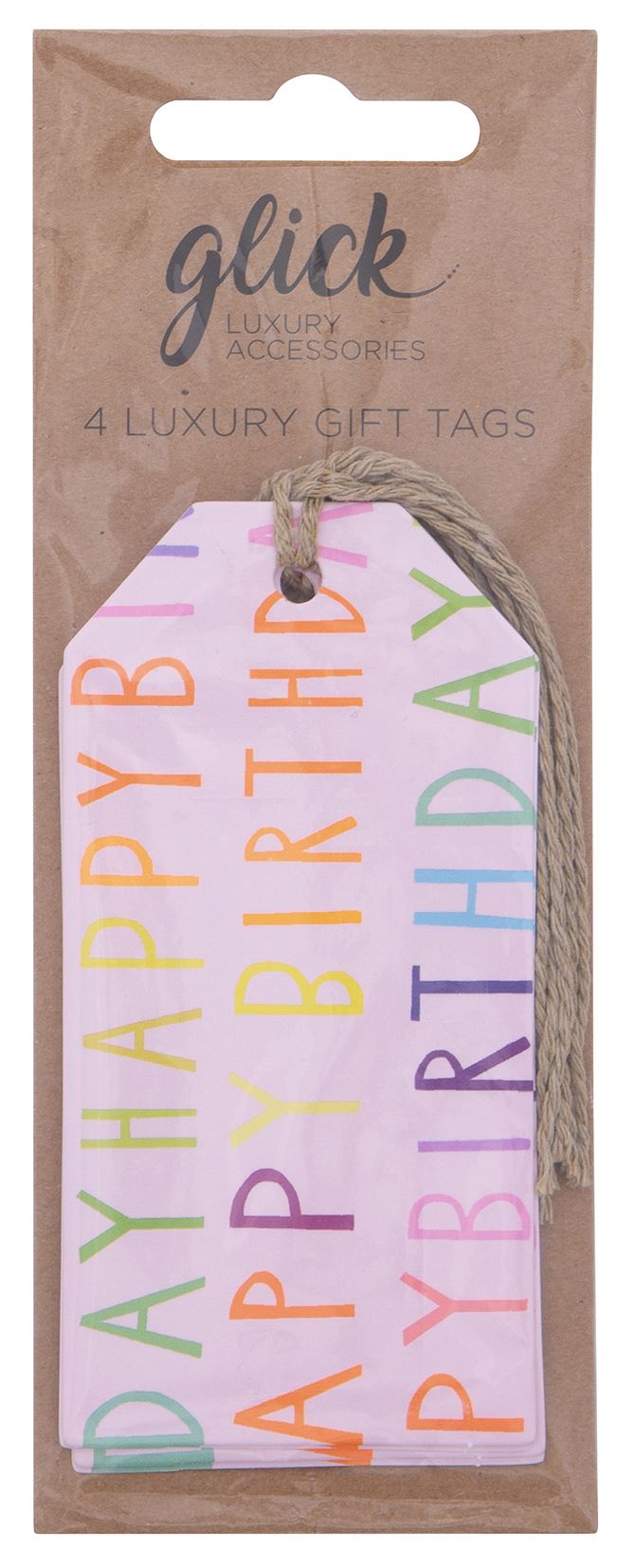 Set of four Glick pink "Happy Birthday" gift tags for gift packaging and accessories.