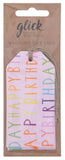 Set of four Glick pink "Happy Birthday" gift tags for gift packaging and accessories.