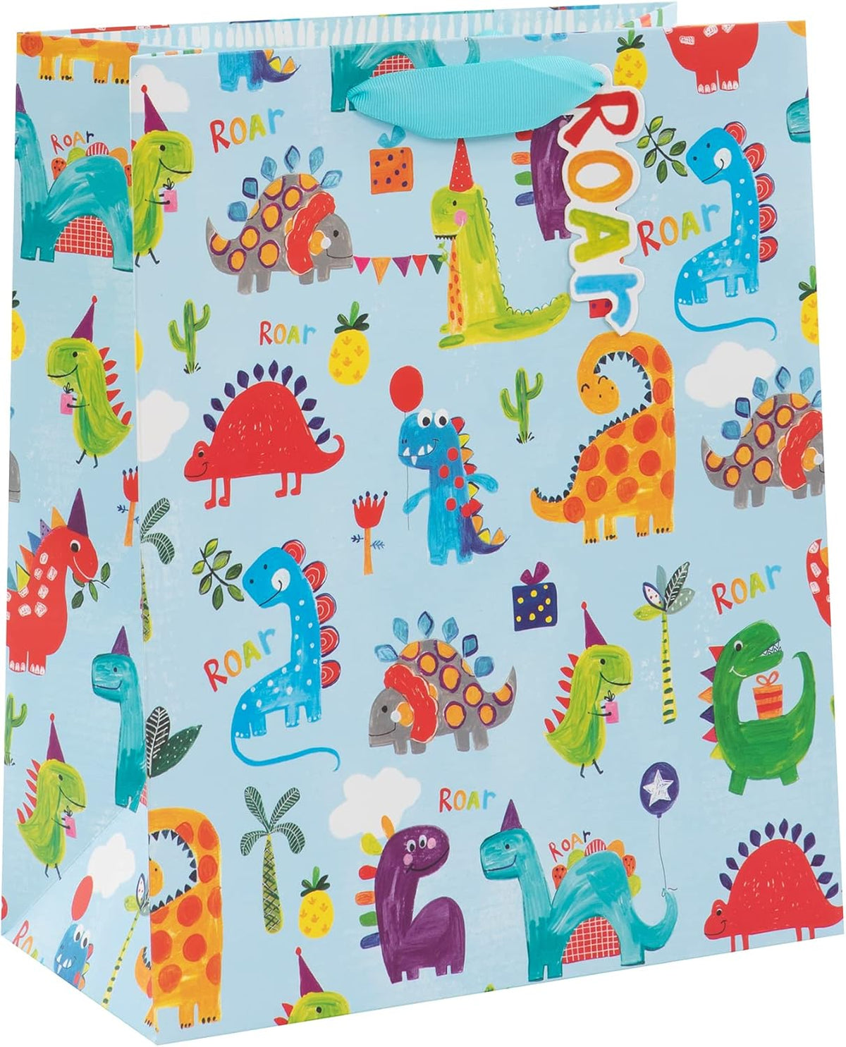 Glick luxury gift bag with dinosaur roar birthday design, large celebration paper bag for boys' parties with colorful dinosaurs.
