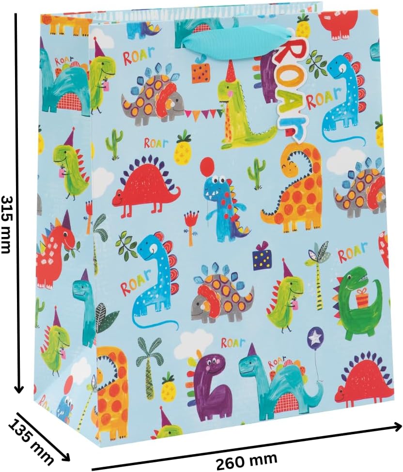 Glick luxury gift bag featuring colorful dinosaurs and "Dinosaur Roar" theme, perfect for boys' birthday celebration packaging.