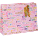 Pink Glick luxury gift bag with "Happy Birthday" landscape design, measuring 275mm high by 355mm wide with 100mm depth.