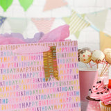 Pink Glick Luxury Gift Bag with Happy Birthday landscape design, measuring 275mm high by 355mm wide for gift packaging.