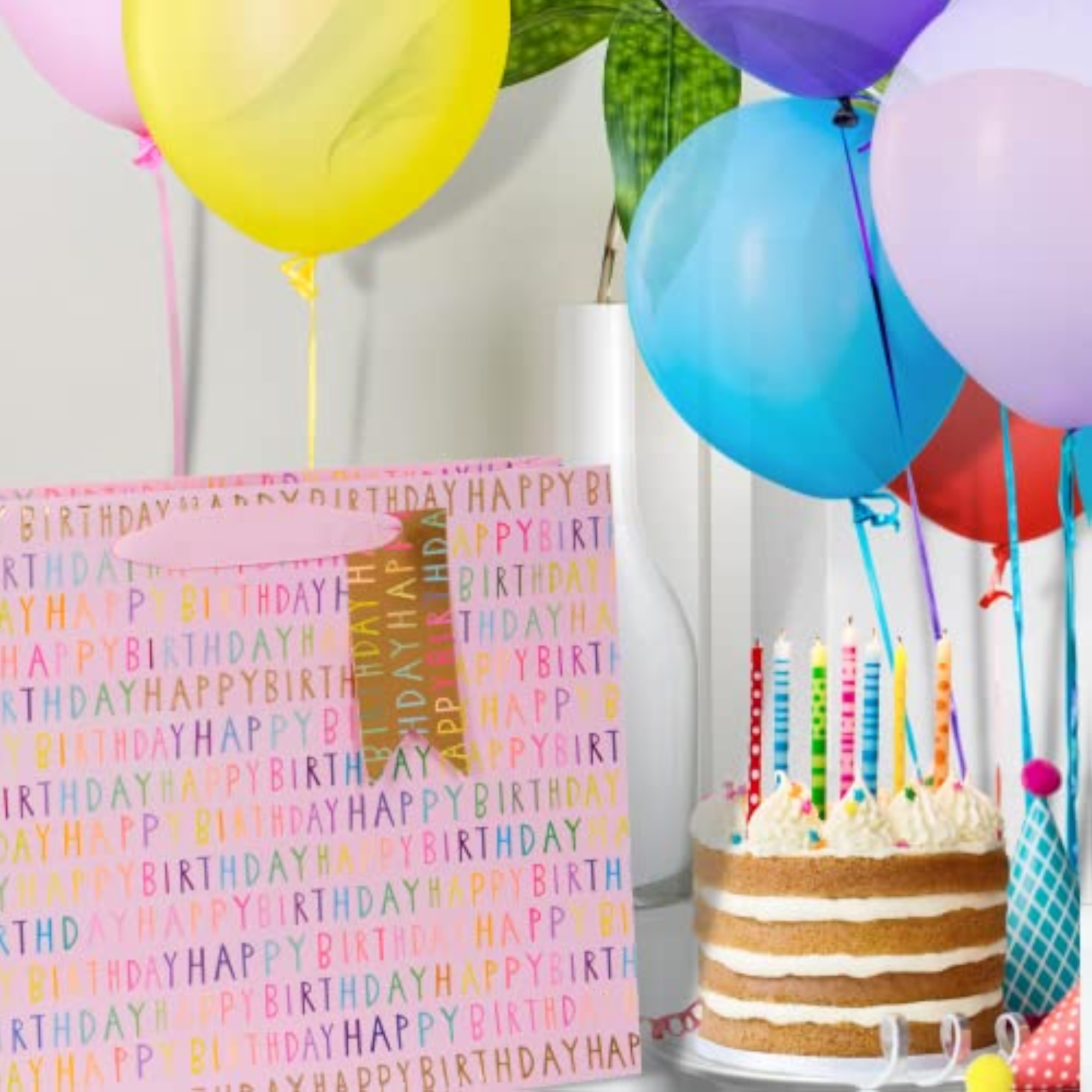 Pink Glick luxury gift bag with happy birthday landscape design, measuring 275mm high by 355mm wide with 100mm depth.
