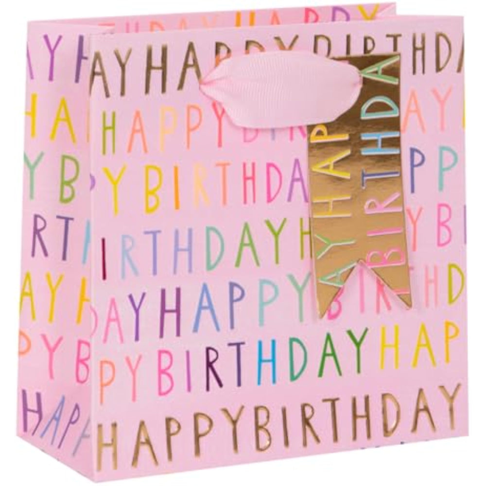 Small pink Glick Luxury Happy Birthday gift bag with handles, perfect for birthday presents, measuring 140x140x60 mm.