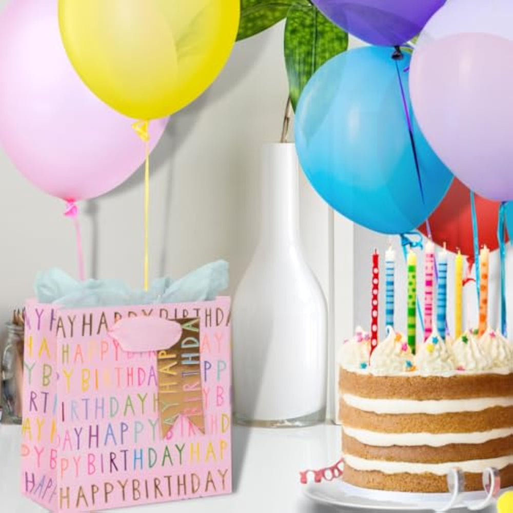 Glick luxury pink birthday gift bag small size 140x140x60mm with happy birthday design, ideal for gift packaging.