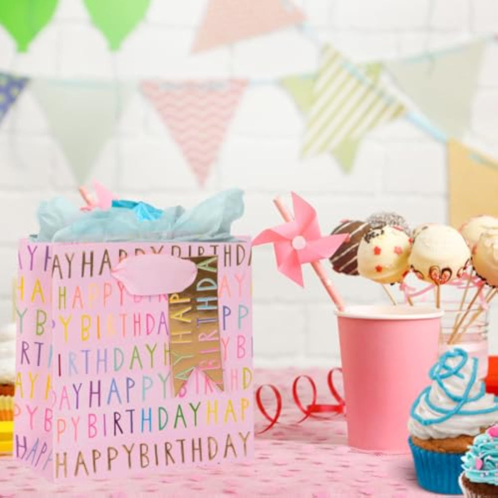 Small pink Glick luxury Happy Birthday gift bag with elegant design, perfect for birthday presents, dimensions 140 x 140 x 60 mm.