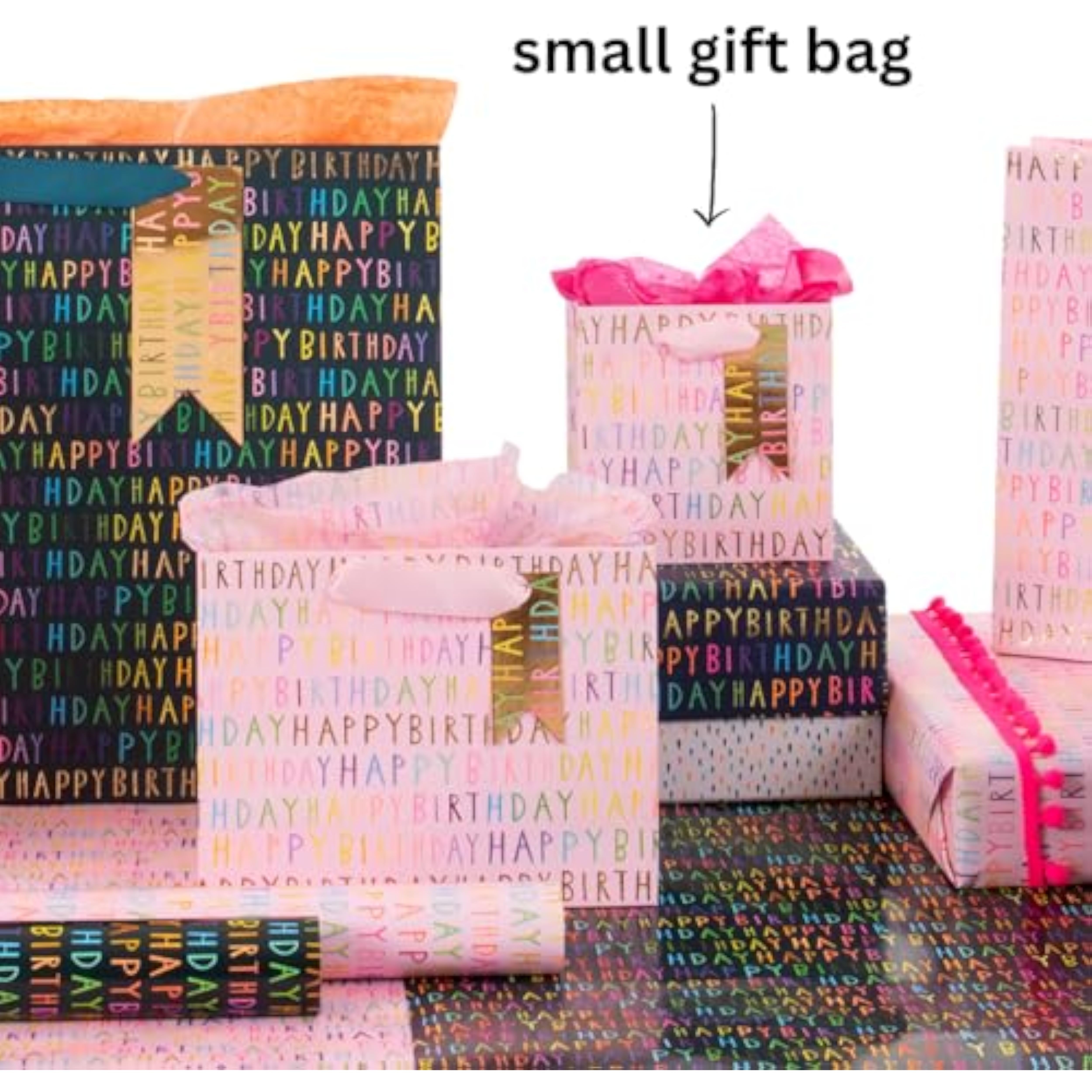 Pink Glick luxury Happy Birthday gift bag, small size 140x140x60mm, featuring elegant design for special occasion gift packaging.