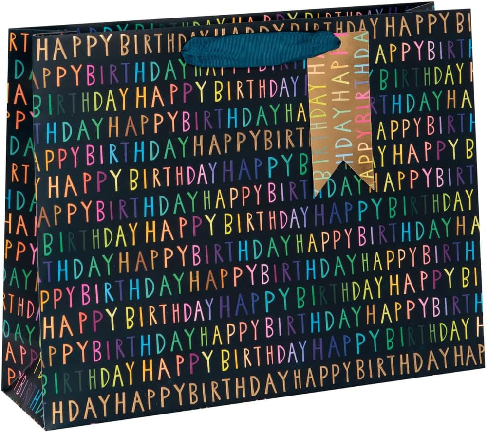 Glick navy blue Happy Birthday large landscape gift bag with festive design for gift packaging.