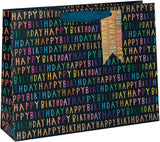 Glick navy blue Happy Birthday large landscape gift bag with festive design for gift packaging.