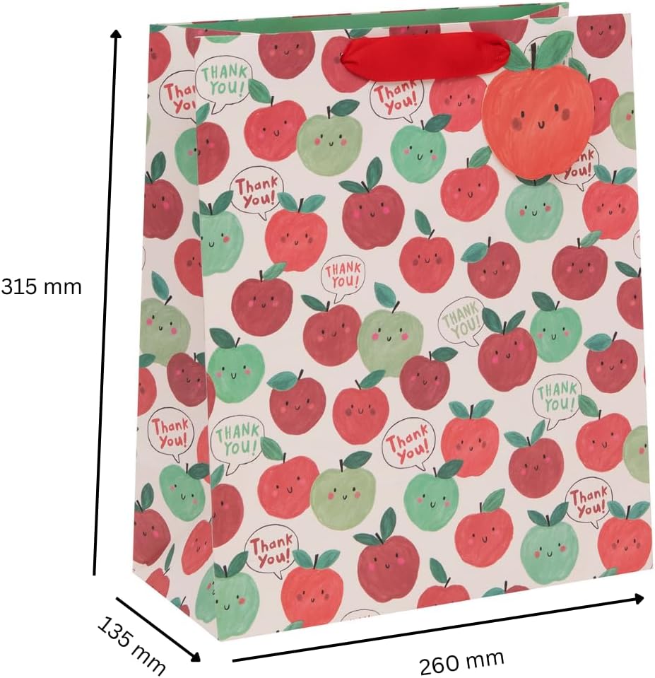 Large Glick gift bag with a thank you and apple design, featuring vibrant colors and sturdy handles for gift packaging.