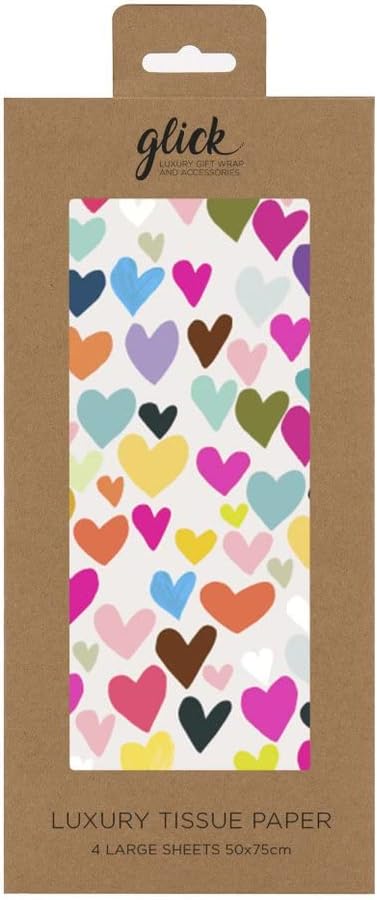 Glick gift packaging tissue paper with four sheets featuring heart patterns, measuring 750mm by 500mm.