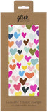 Glick gift packaging tissue paper with four sheets featuring heart patterns, measuring 750mm by 500mm.