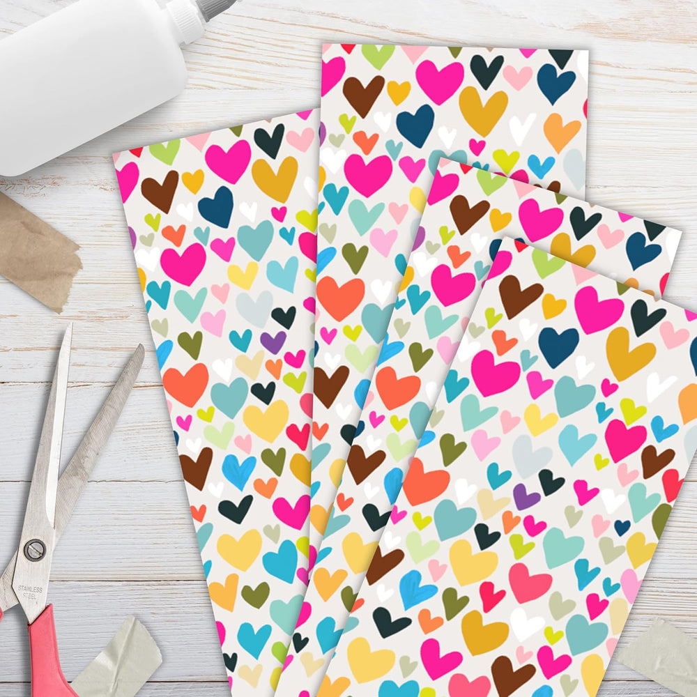 Glick gift packaging tissue paper with four sheets of 750mm by 500mm hearts design, ideal for wrapping and gift presentation.