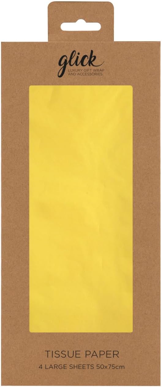 Glick lemon yellow tissue paper sheets, 750mm x 500mm, for gift packaging and craft projects, four sheets included.