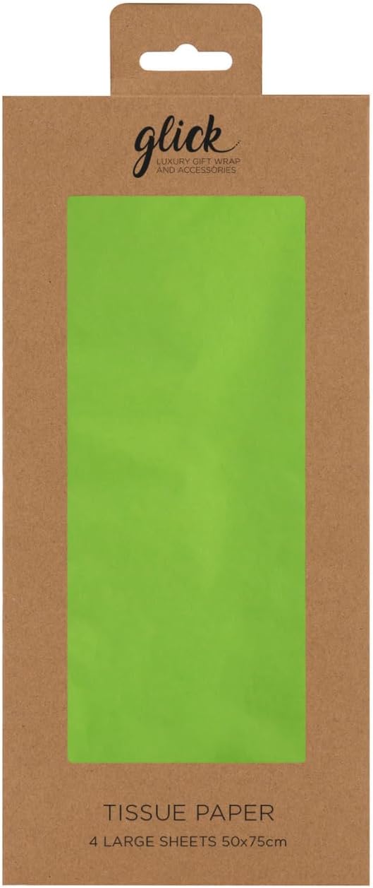 Four sheets of lime green tissue paper from Glick, each measuring 750mm by 500mm, ideal for gift packaging and wrapping.
