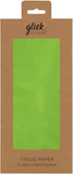 Four sheets of lime green tissue paper from Glick, each measuring 750mm by 500mm, ideal for gift packaging and wrapping.