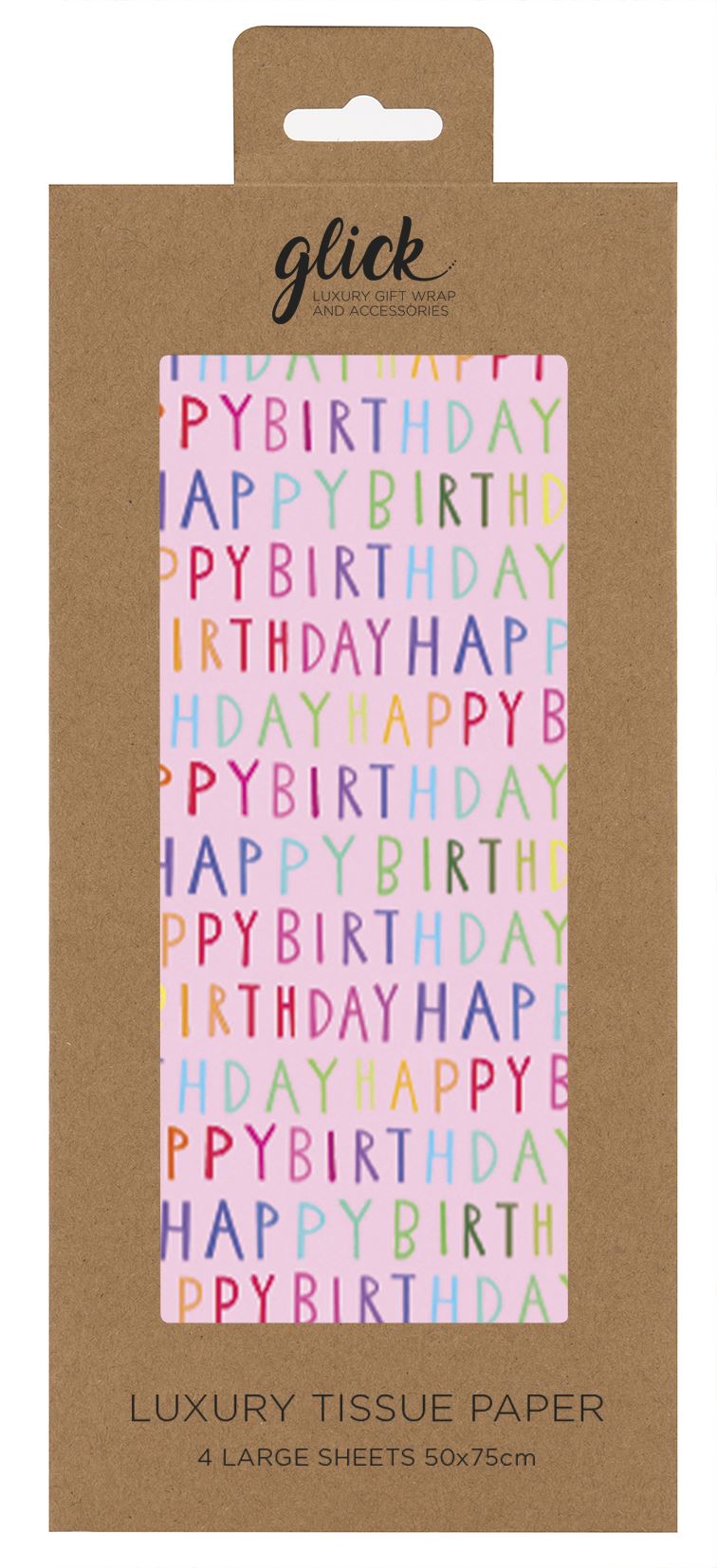 Glick luxury pink Happy Birthday tissue paper sheets for gift wrapping, each 750x500 mm, with festive printed design.