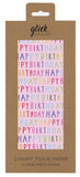 Glick luxury pink Happy Birthday tissue paper sheets for gift wrapping, each 750x500 mm, with festive printed design.