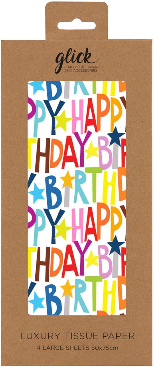 Glick tissue paper with colorful "Happy Birthday" print, designed for gift packaging and celebrations.