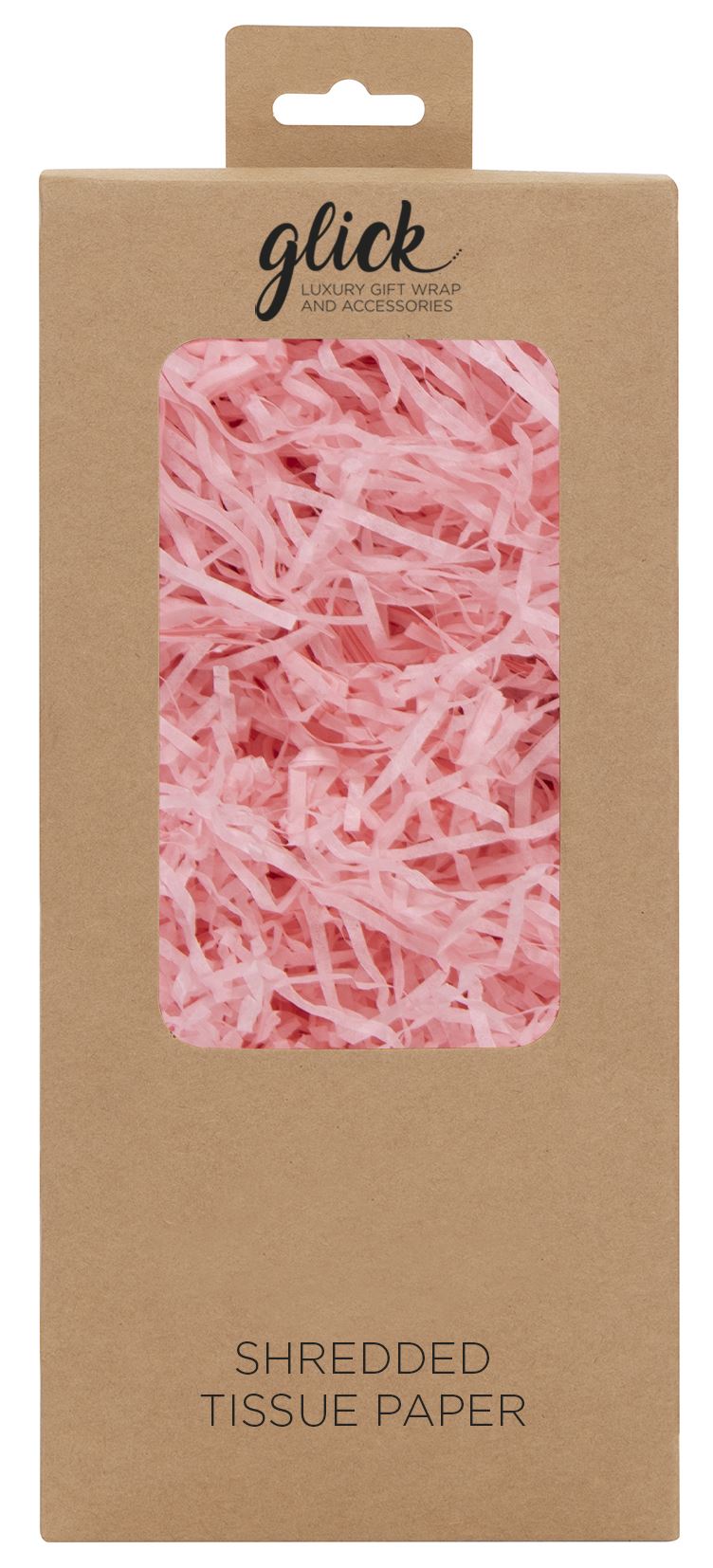 Light pink shredded tissue paper from Glick, 30g for gift packaging, void fill, and accessories, shown in a close-up image.