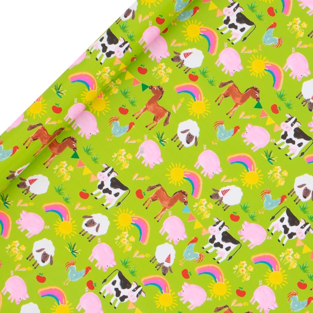 Glick Farmyard Gift Wrapping Paper roll featuring colorful farm animals, perfect for kids' birthday gift packaging, 2m x 70cm.