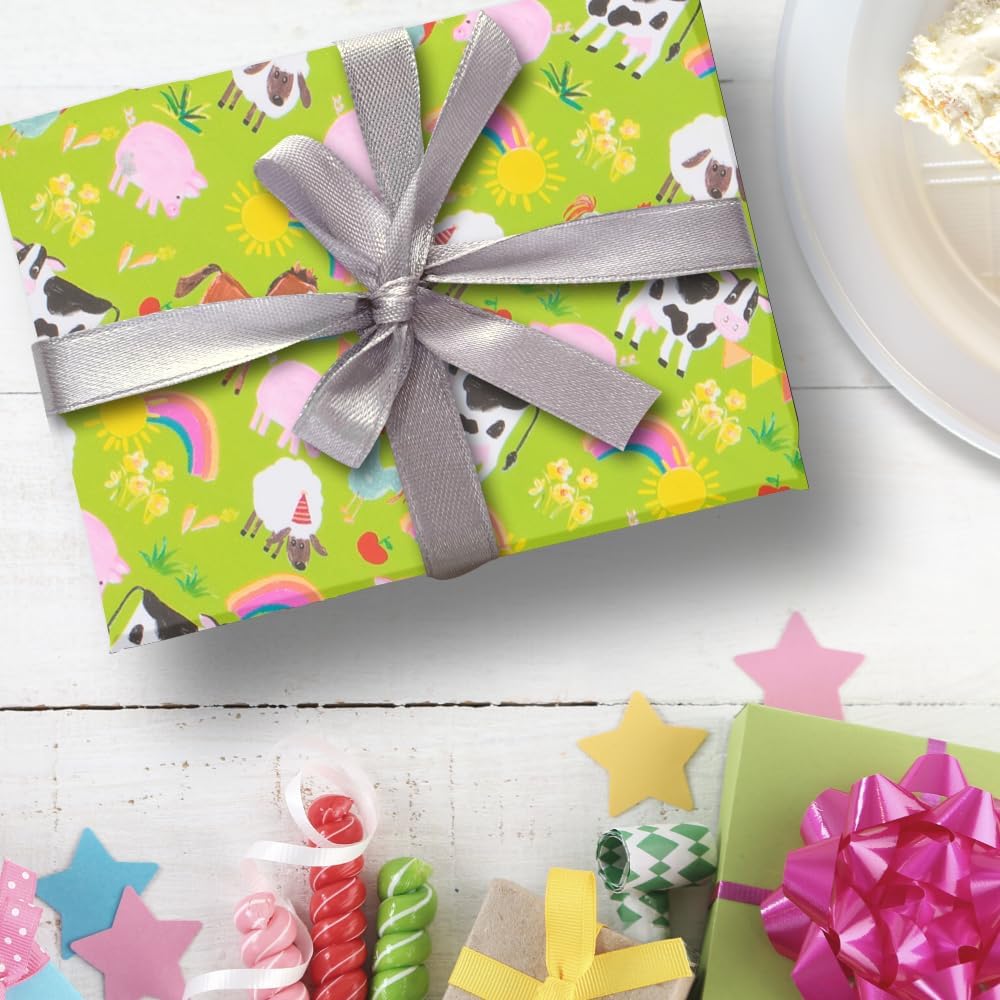 Glick Farmyard gift wrapping paper roll featuring colorful farm animal designs, perfect for kids' birthday gift packaging.