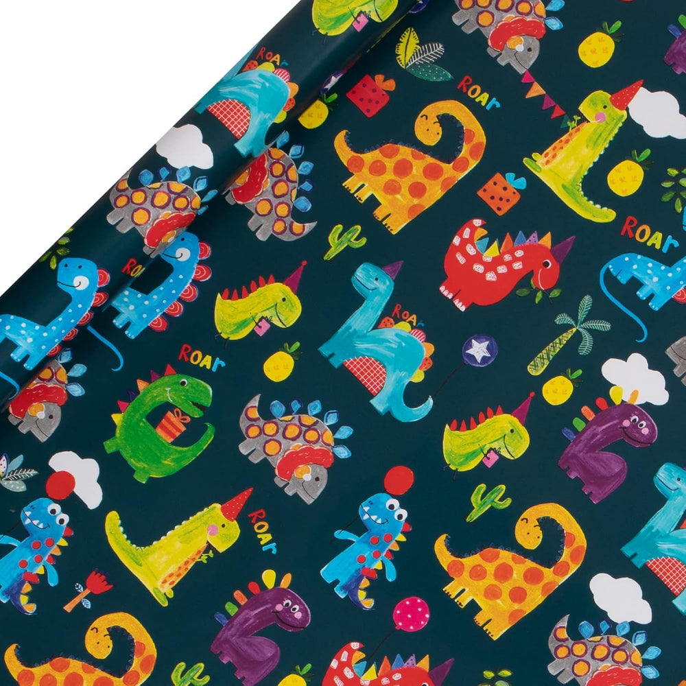 Glick Wrap 2M Ps Jnrs Dinoroar gift wrapping paper with colorful dinosaur print on white background, ideal for gift packaging.