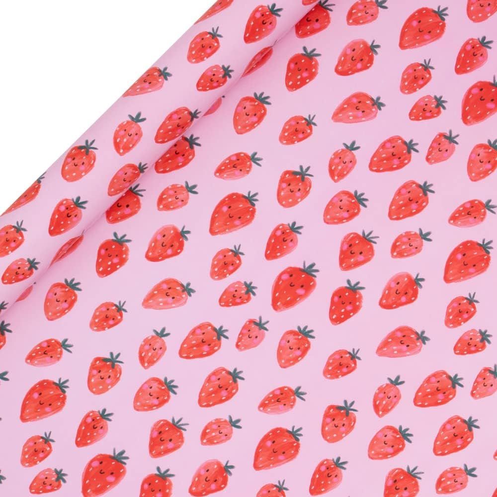 Glick R Wrap 4M Km Sweet Strawberries gift wrapping paper with red strawberries design on white background.
