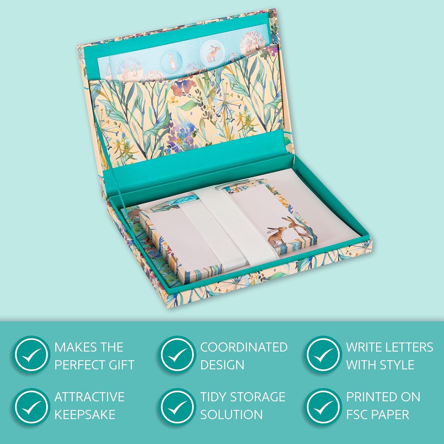 GSC Kissing Hares stationery letter writing set featuring illustrated paper and envelopes for elegant correspondence.