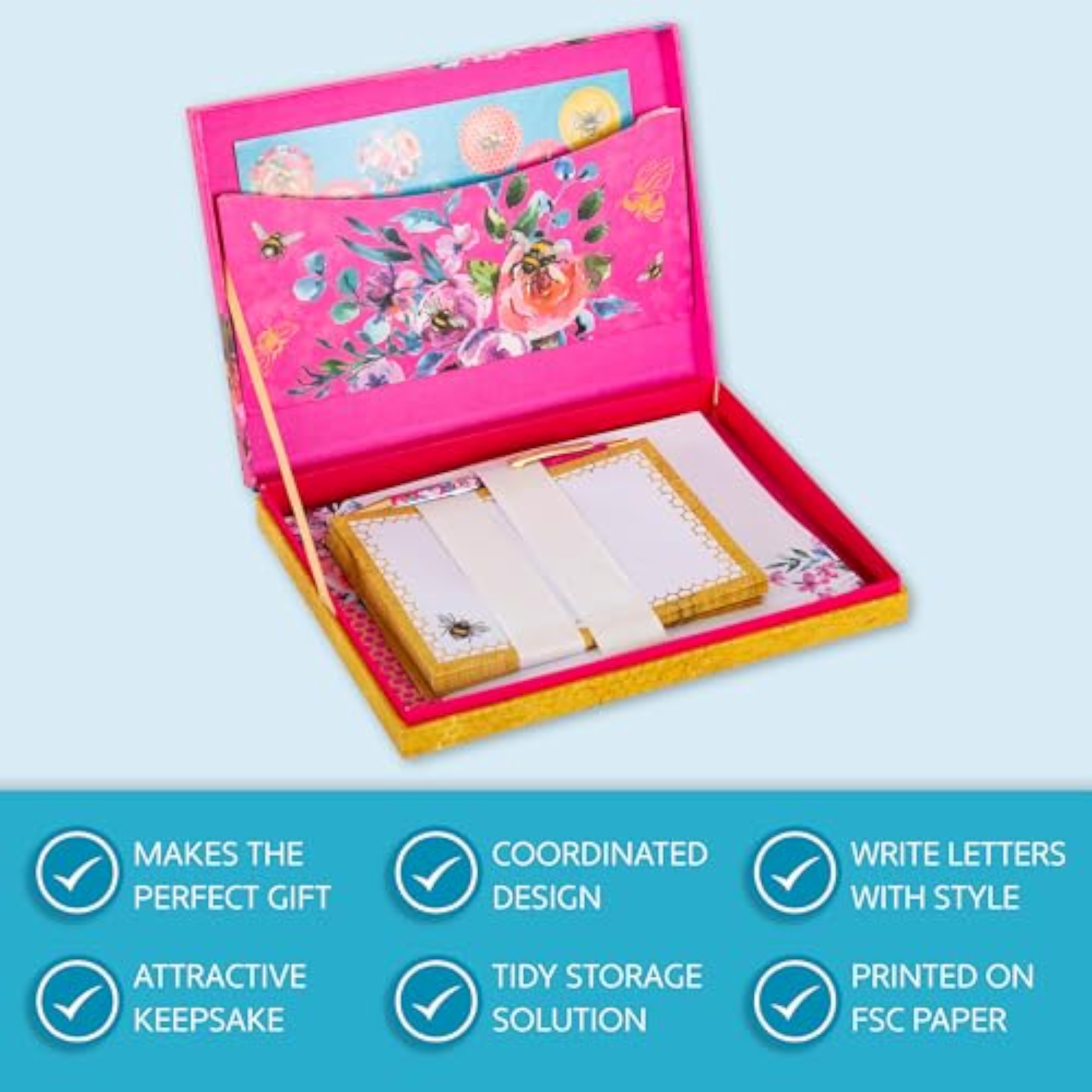 GSC Queen Bee writing set with elegant stationery, featuring letter sheets, envelopes, and a matching pen for stylish correspondence.