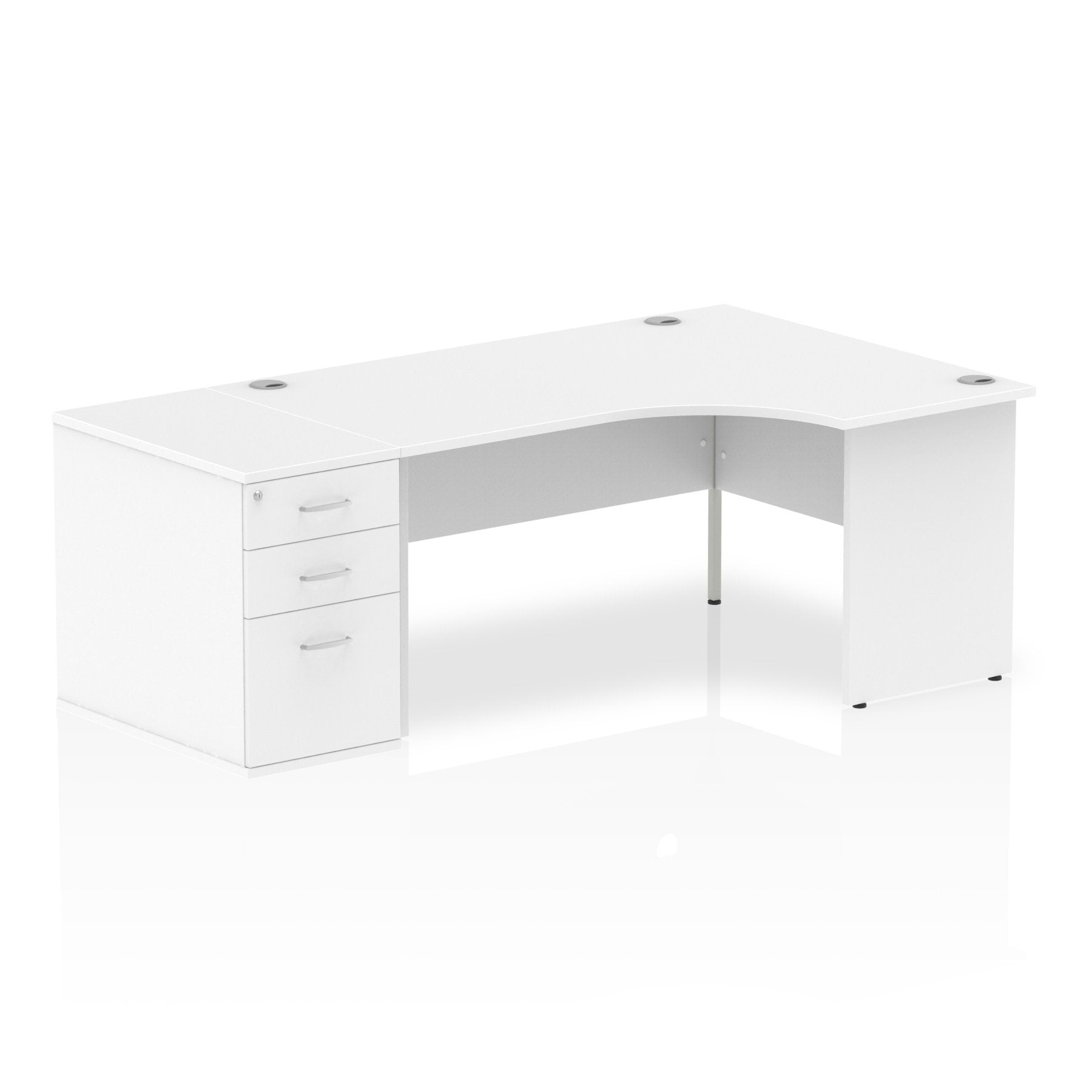 Dynamic Impulse 1600mm Right Crescent Desk White Top Panel End Leg Workstation 800mm Deep Desk High Pedestal Bundle I000622 DD