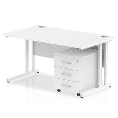 Impulse Cantilever Straight Office Desk W1400 x D800 x H730mm White Finish White Frame With 3 Drawer Mobile Pedestal - I003892 DD