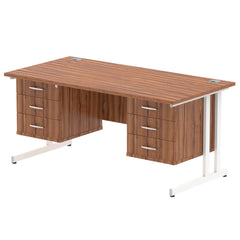 Dynamic Impulse W1600 x D800 x H730mm Straight Office Desk Cantilever Leg With 2x3 Drawer Double Fixed Pedestal Walnut Finish White Frame - MI001949 DD