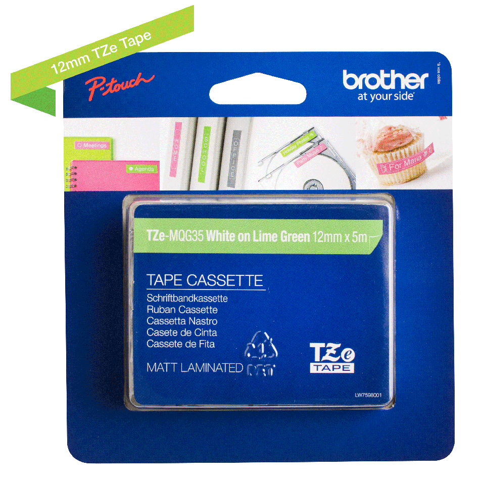 Brother White On Lime Green Label Tape 12mm x 5m - TZEMQG35