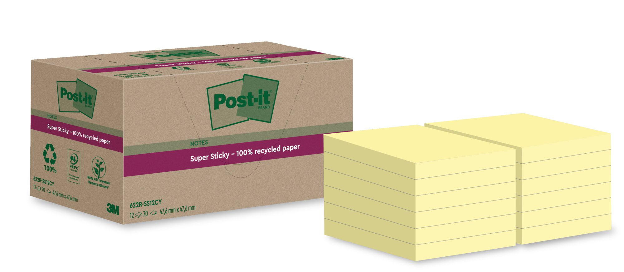 Post-it Super Sticky 100% Recycled Notes Canary Yellow 47.6 x 47.6 mm 70 Sheets Per Pad (Pack 12) 7100284576