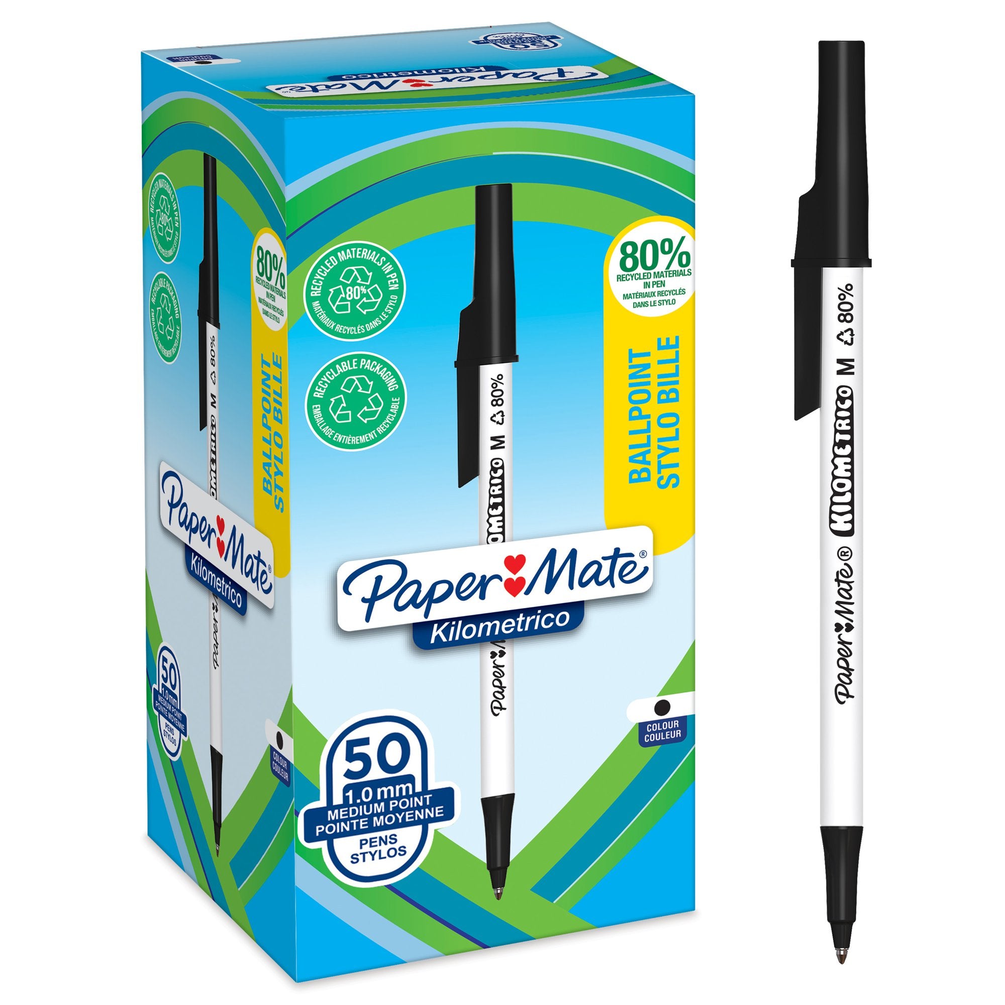 Paper Mate Kilometrico Ballpoint Pen Medium Point 1.0mm Black 80% recycled Plastic (Pack 50) 2187701